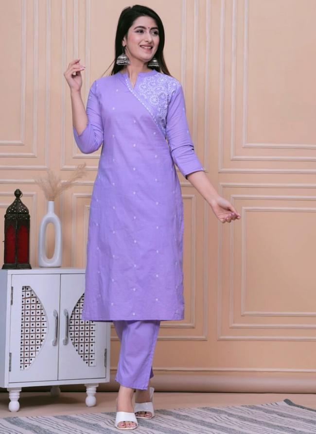 Cotton Lavender Office Wear Embroidery Work Readymade Kurti With Pant